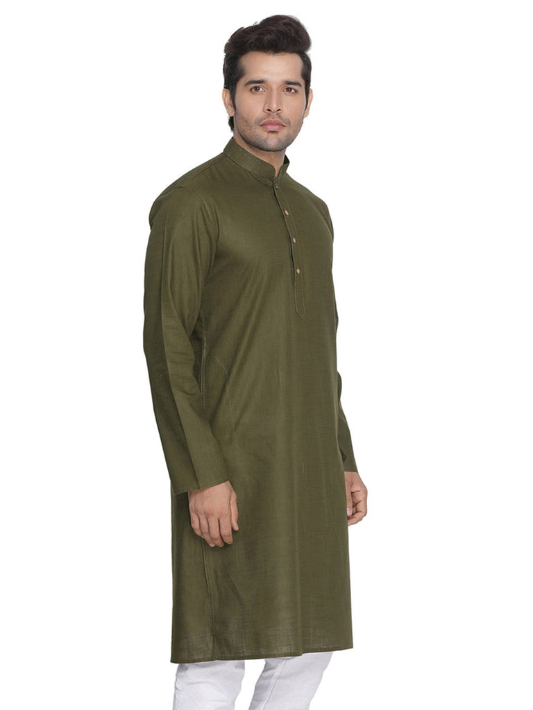 Men's Olive Green Color Indian Traditional Wear Tunic Cotton Kurta Pajama Set