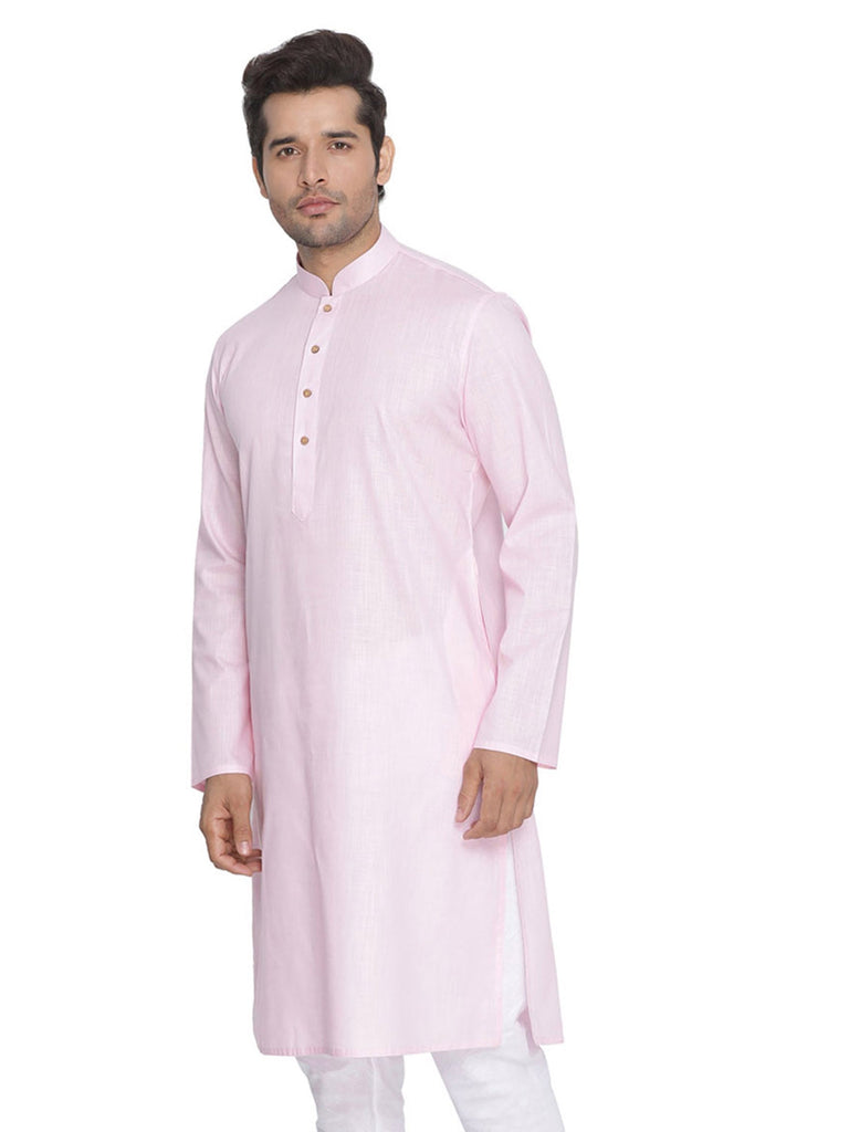 Men's Light Pink Color Indian Traditional Wear Tunic Cotton Kurta Pajama Set