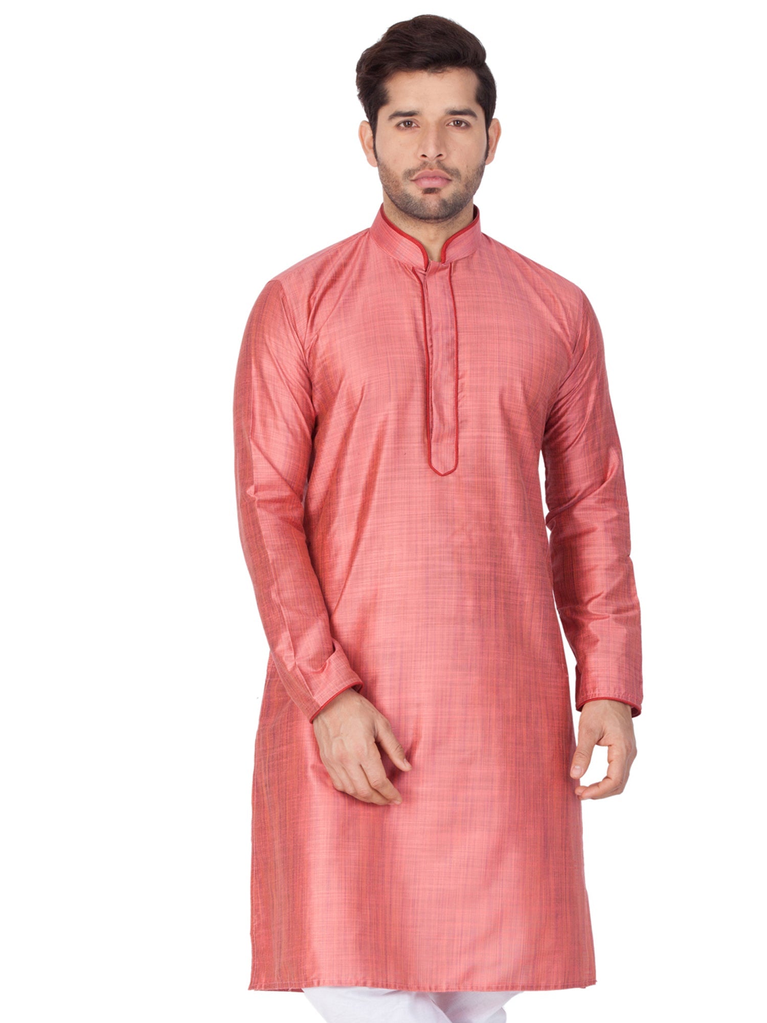 Men's Peach Solid Tunic Cotton Kurta Pajama Set