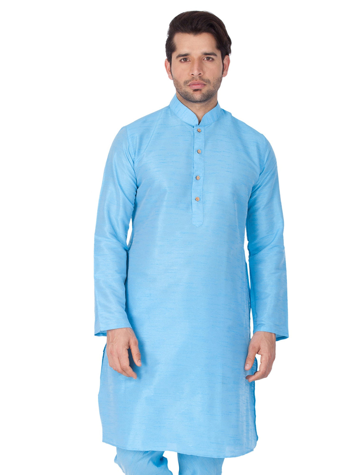 Men's Sky Blue Solid Tunic Cotton Kurta Pajama Set