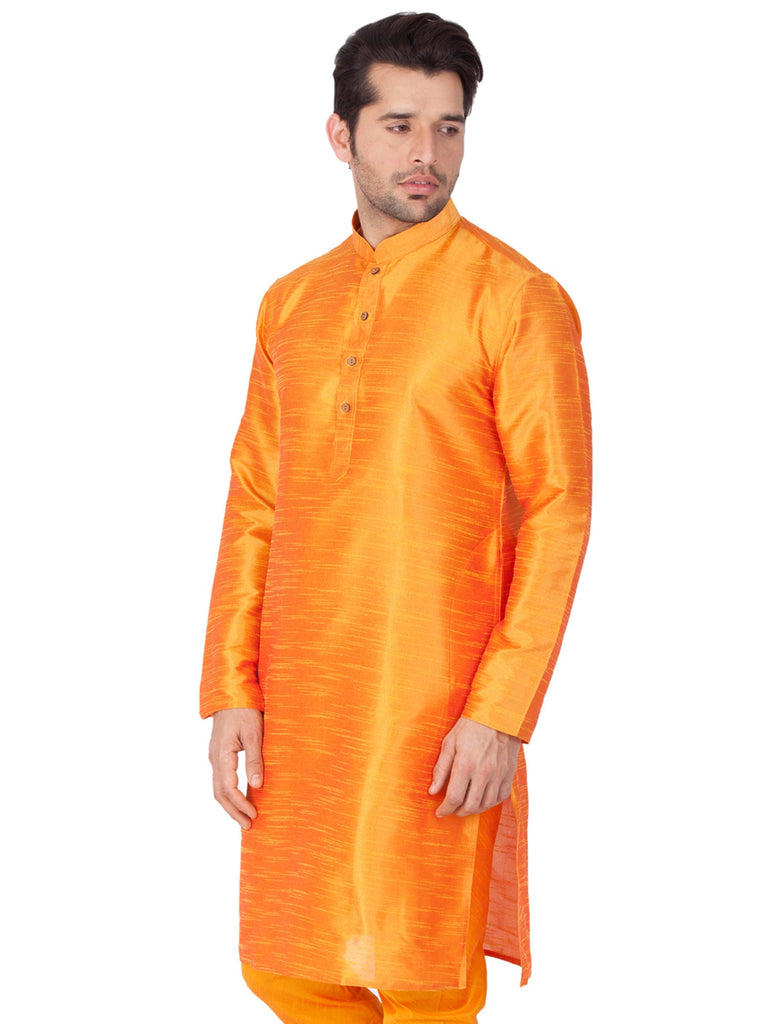 Men's Orange Color Indian Traditional Wear Tunic Cotton Kurta Pajama Set