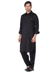 Men's Black Solid Cotton Kurta Pajama Set