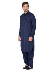 Men's Navy Blue Solid Cotton Kurta Pajama Set