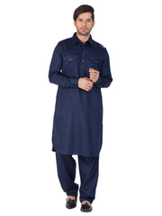 Men's Navy Blue Solid Cotton Kurta Pajama Set