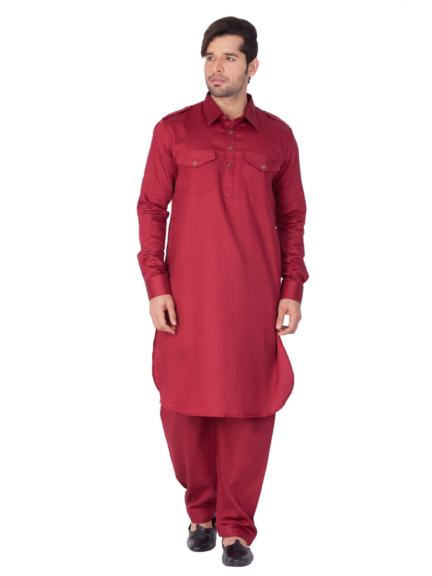 Men's Maroon Solid Cotton Kurta Pajama Set