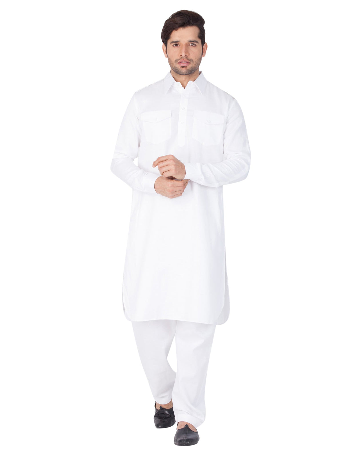 Men's White Solid Cotton Kurta Pajama Set