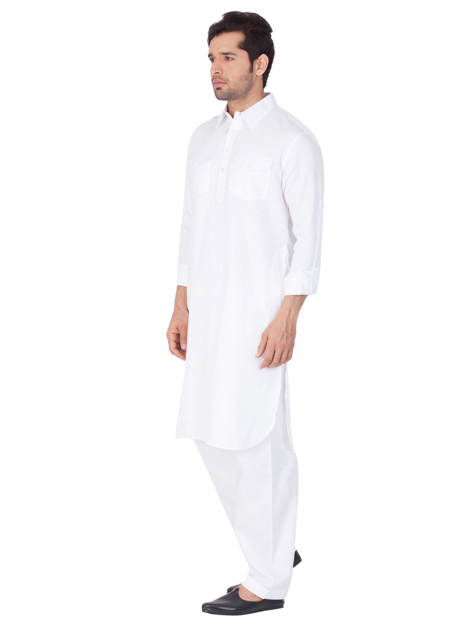 Men's White Solid Cotton Kurta Pajama Set