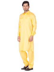 Men's Yellow Solid Cotton Kurta Pajama Set Haldi Outfit