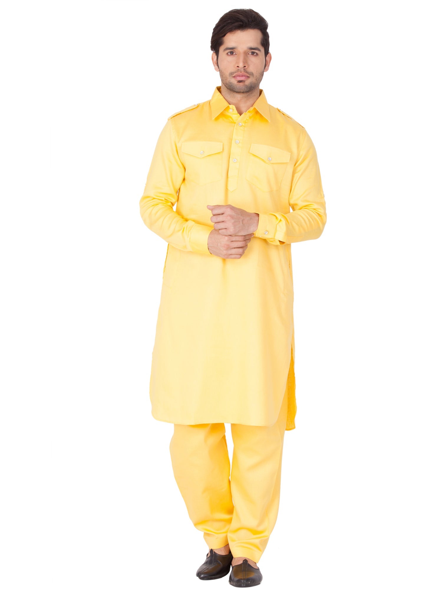 Men's Yellow Solid Cotton Kurta Pajama Set Haldi Outfit