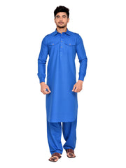 Men's Blue Solid Cotton Kurta Pajama Set