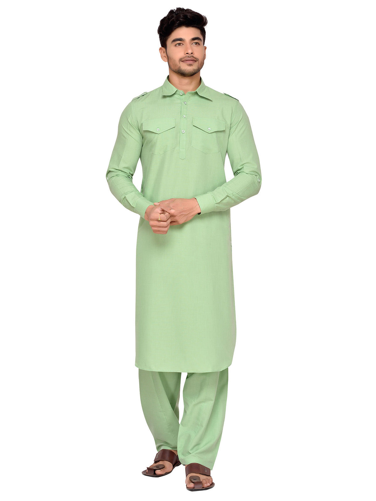 Men's Green Solid Cotton Kurta Pajama Set