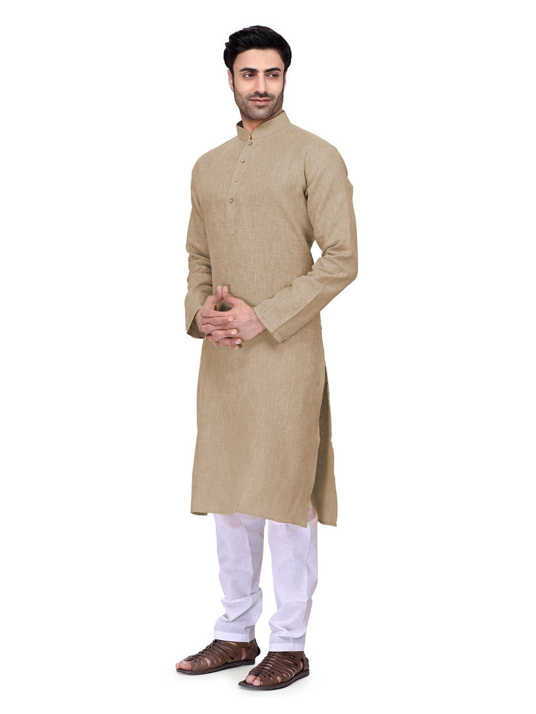 Men's Beige Color Indian Traditional Wear Tunic Cotton Kurta Pajama Set