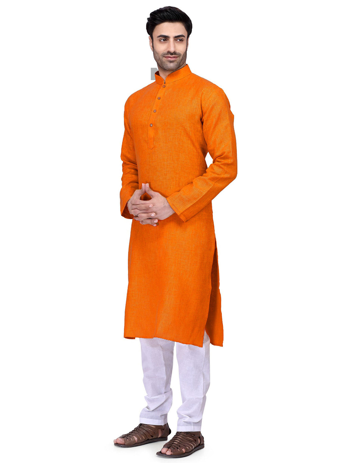 Men's Orange Solid Cotton Kurta Pajama Set