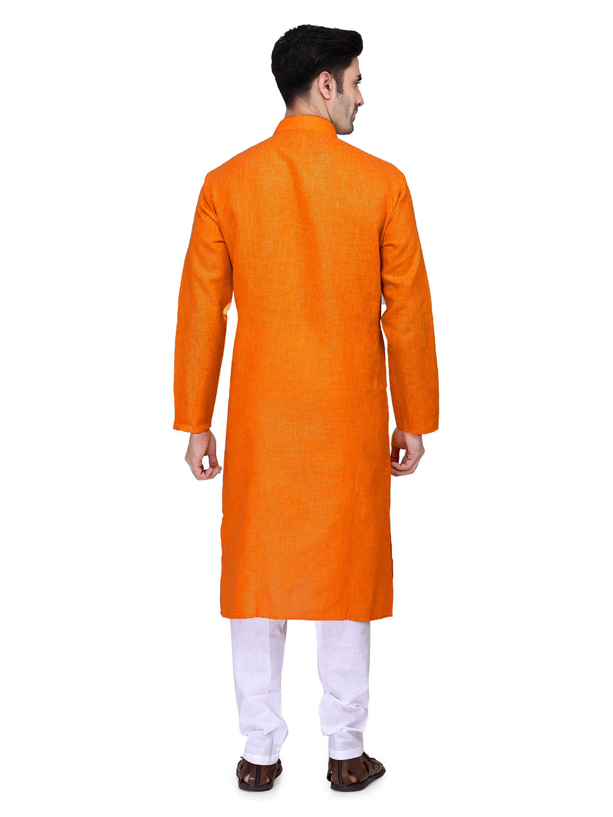 Men's Orange Solid Cotton Kurta Pajama Set