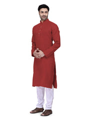 Men's Red Solid Tunic Cotton Kurta Pajama Set