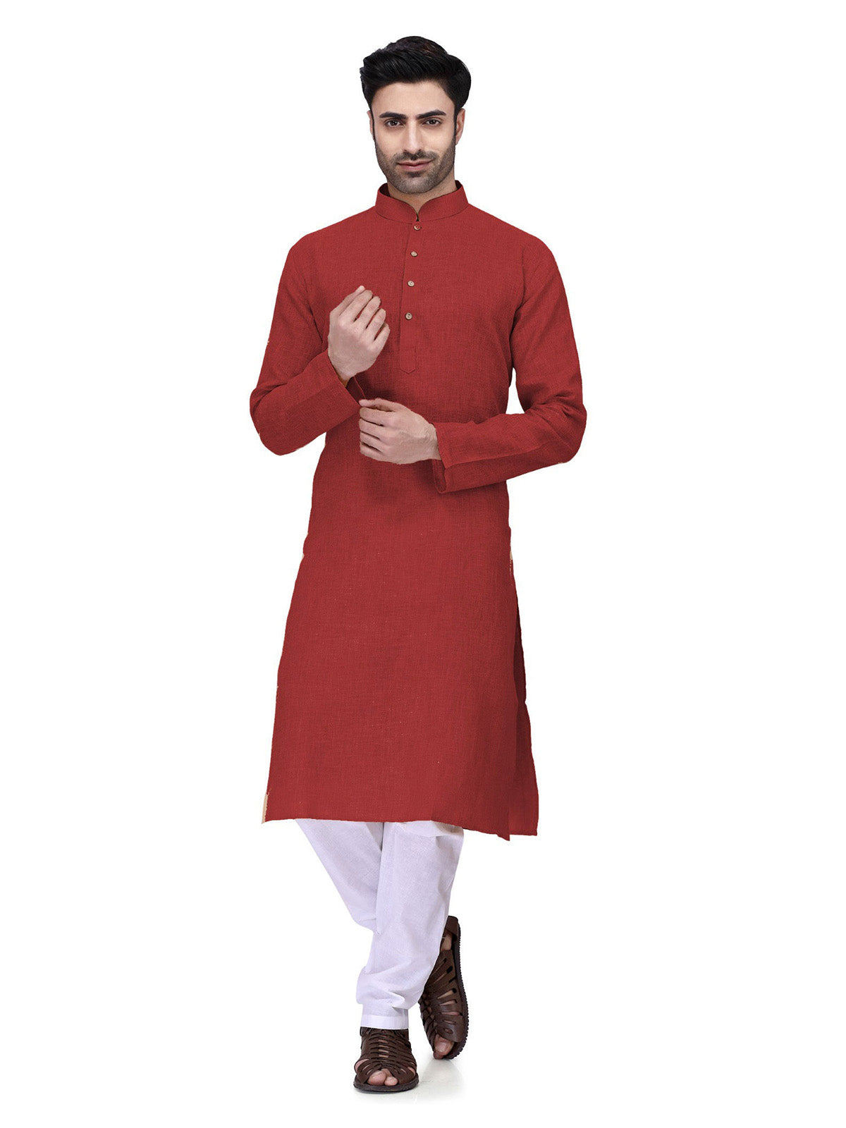 Men's Red Solid Tunic Cotton Kurta Pajama Set