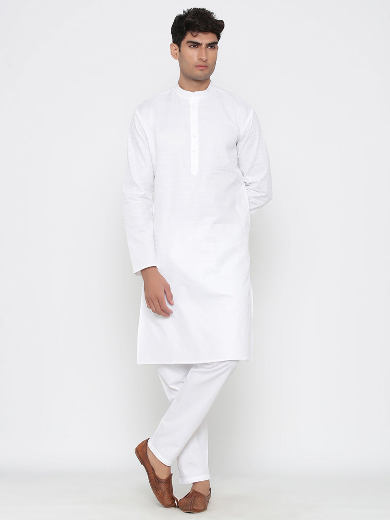 Men's White Color Indian Traditional Wear Tunic Cotton Kurta Pajama Set