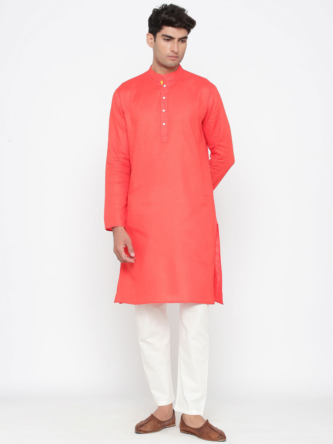 Men's Peach Solid Cotton Kurta Pajama Set