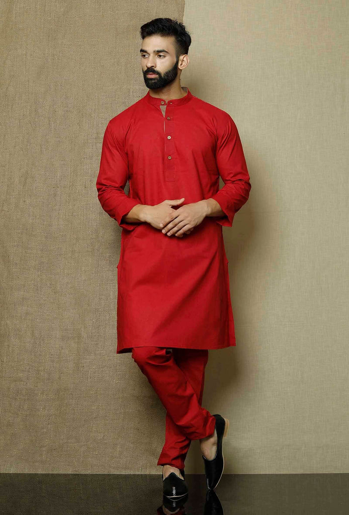 Men's Red Color Indian Traditional Wear Tunic Cotton Kurta Pajama Set