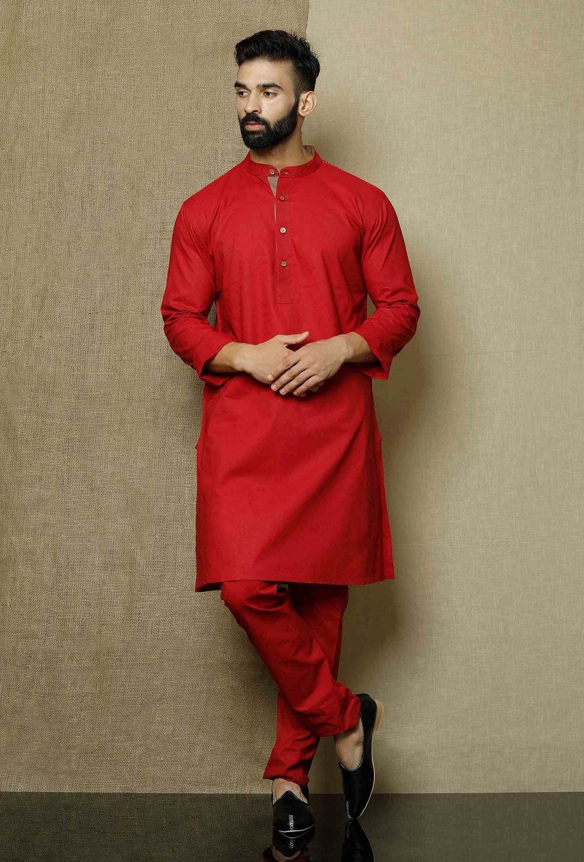 Ensemble pyjama Kurta en coton rouge uni pour homme