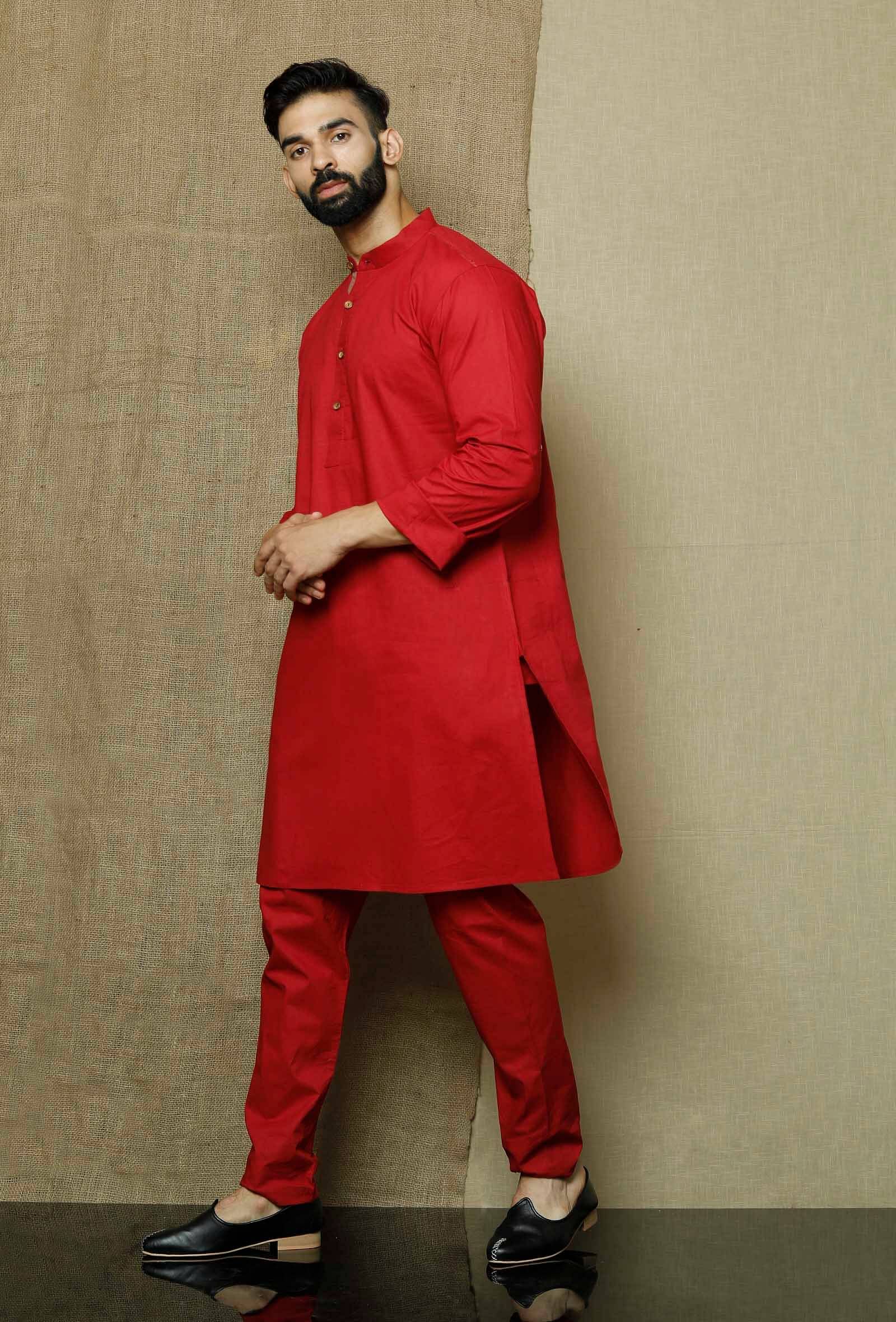 Ensemble pyjama Kurta en coton rouge uni pour homme