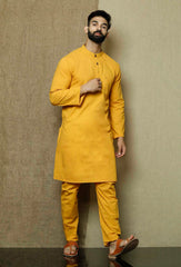 Men's Yellow Solid Cotton Kurta Pajama Set Haldi Outfit