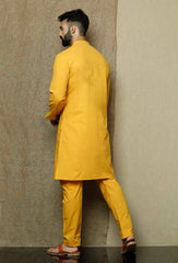 Men's Yellow Solid Cotton Kurta Pajama Set Haldi Outfit