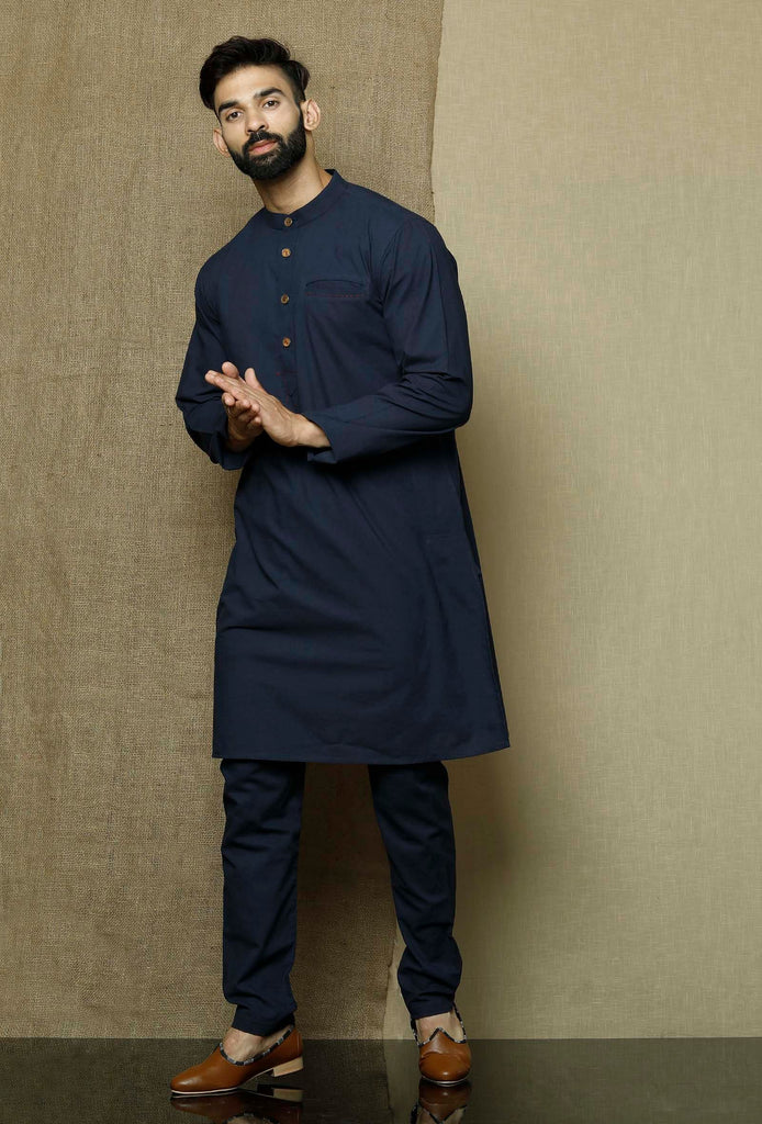 Men's Blue Color Indian Traditional Wear Tunic Cotton Kurta Pajama Set