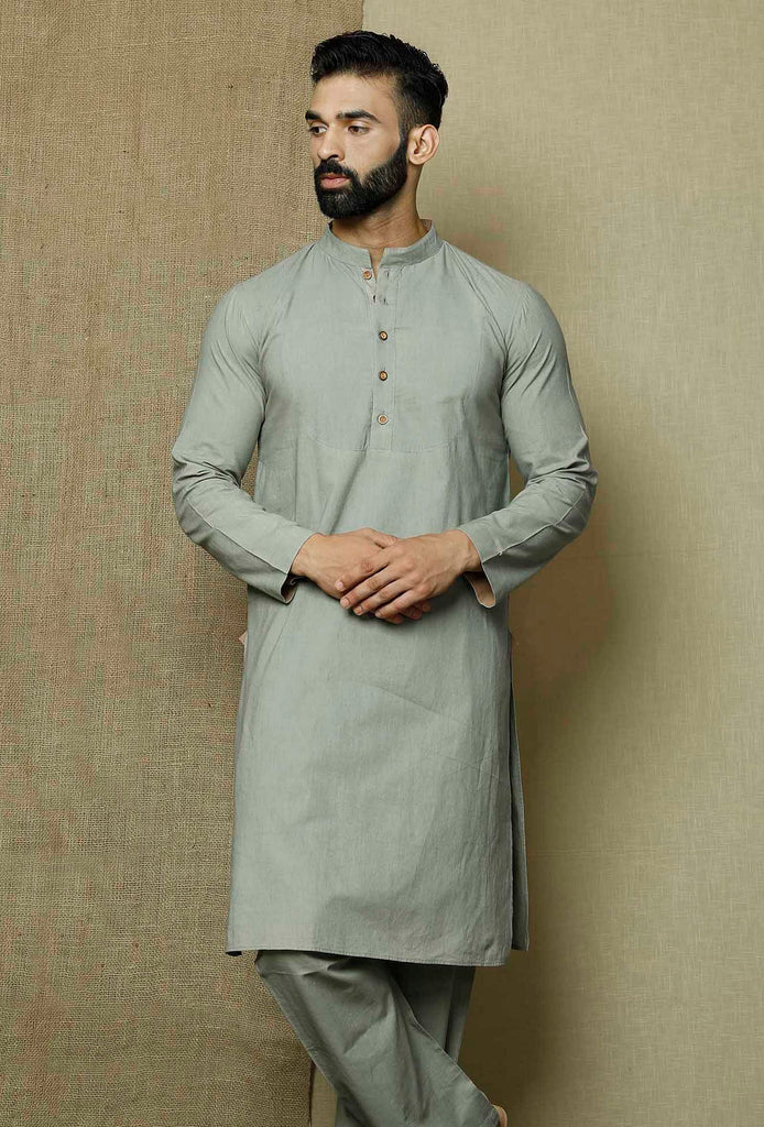 Men's Grey Color Indian Traditional Wear Tunic Cotton Kurta Pajama Set