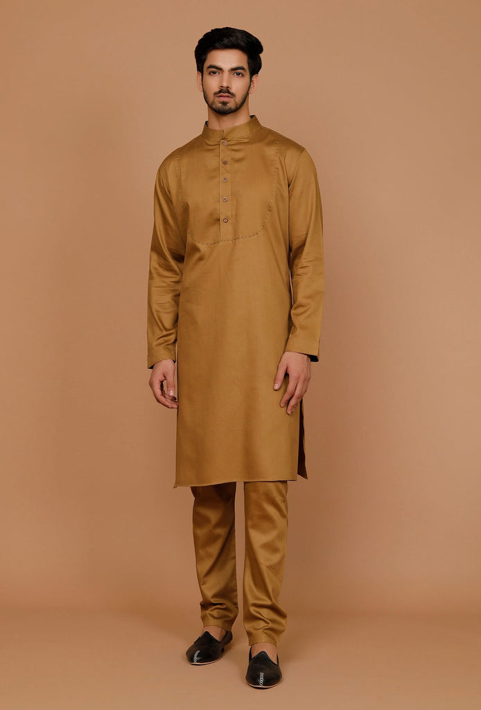Men's Golden Brown Color Indian Traditional Wear Tunic Cotton Kurta Pajama Set