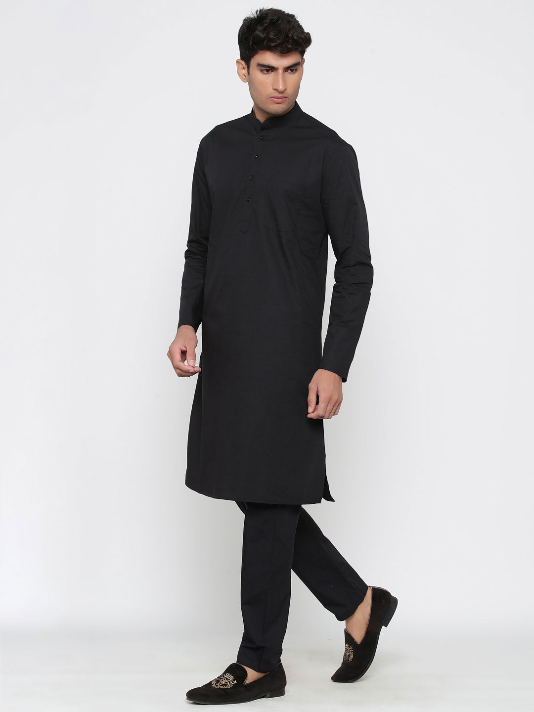 Men's Black Solid Tunic Cotton Kurta Pajama Set