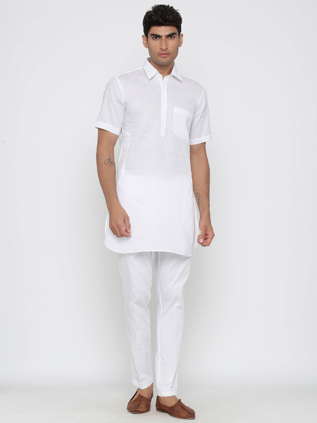 Men's White Solid Tunic Cotton Kurta Pajama Set