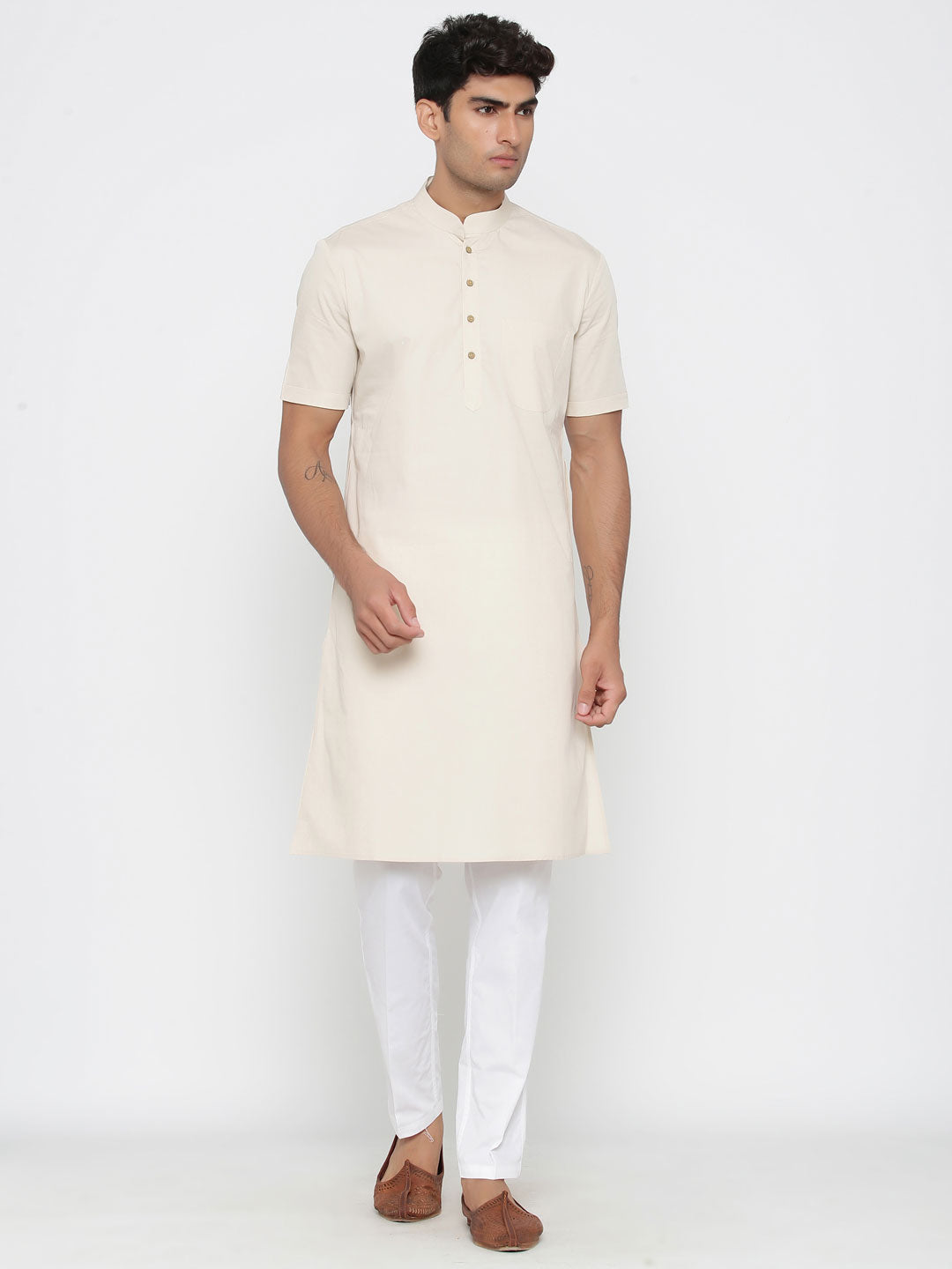 Ensemble pyjama Kurta en coton uni blanc cassé pour homme