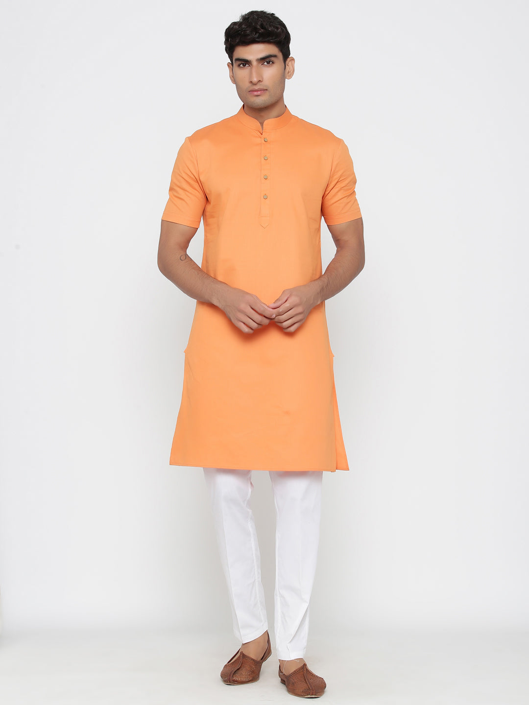 Ensemble pyjama Kurta en coton uni orange pour homme