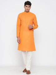 Men's Orange Solid Tunic Cotton Kurta Pajama Set