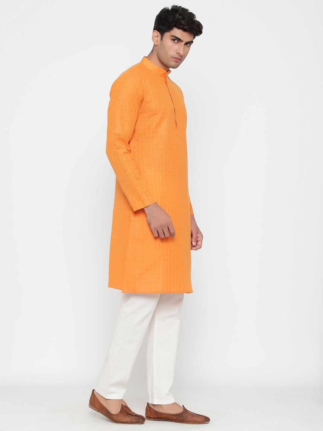 Men's Orange Solid Tunic Cotton Kurta Pajama Set