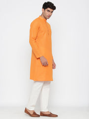 Men's Orange Solid Tunic Cotton Kurta Pajama Set