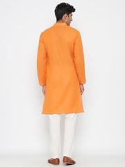 Men's Orange Solid Tunic Cotton Kurta Pajama Set