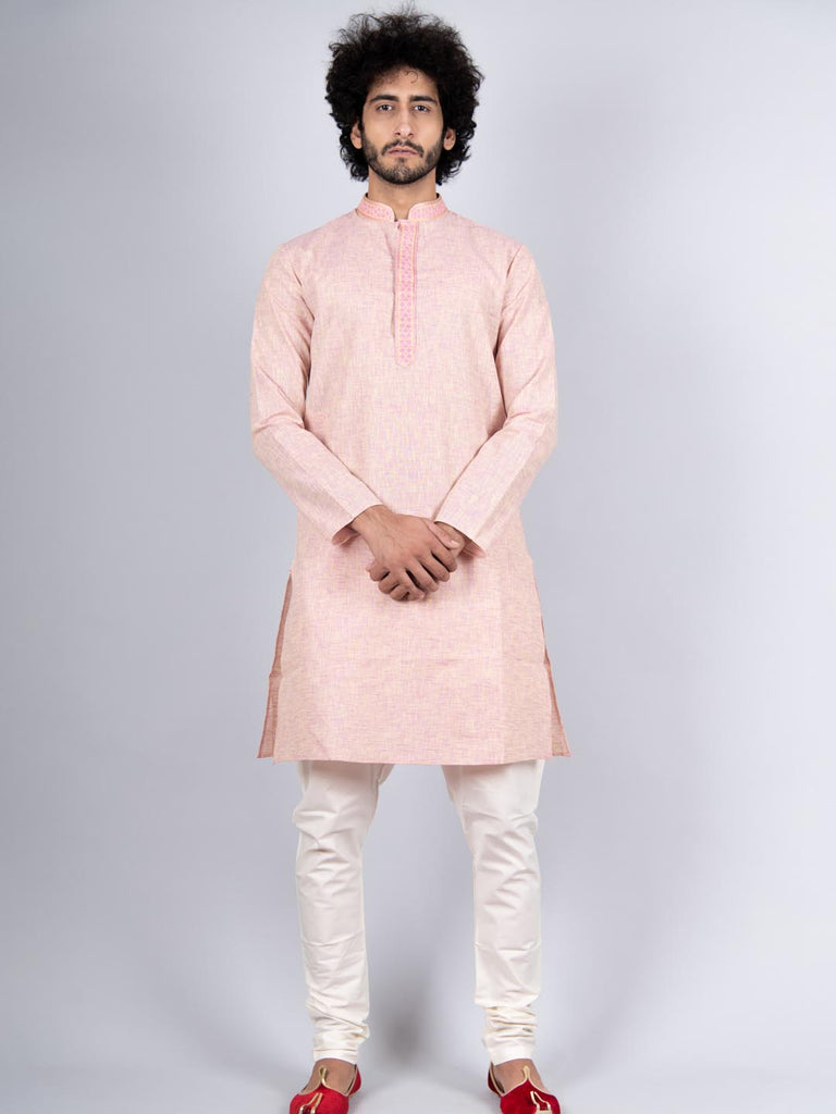 Men's Pink Color Indian Traditional Wear Tunic Cotton Kurta Pajama Set