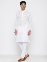 Men's White Solid Butti Tunic Cotton Kurta Pajama Set