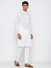 Men's White Solid Butti Tunic Cotton Kurta Pajama Set