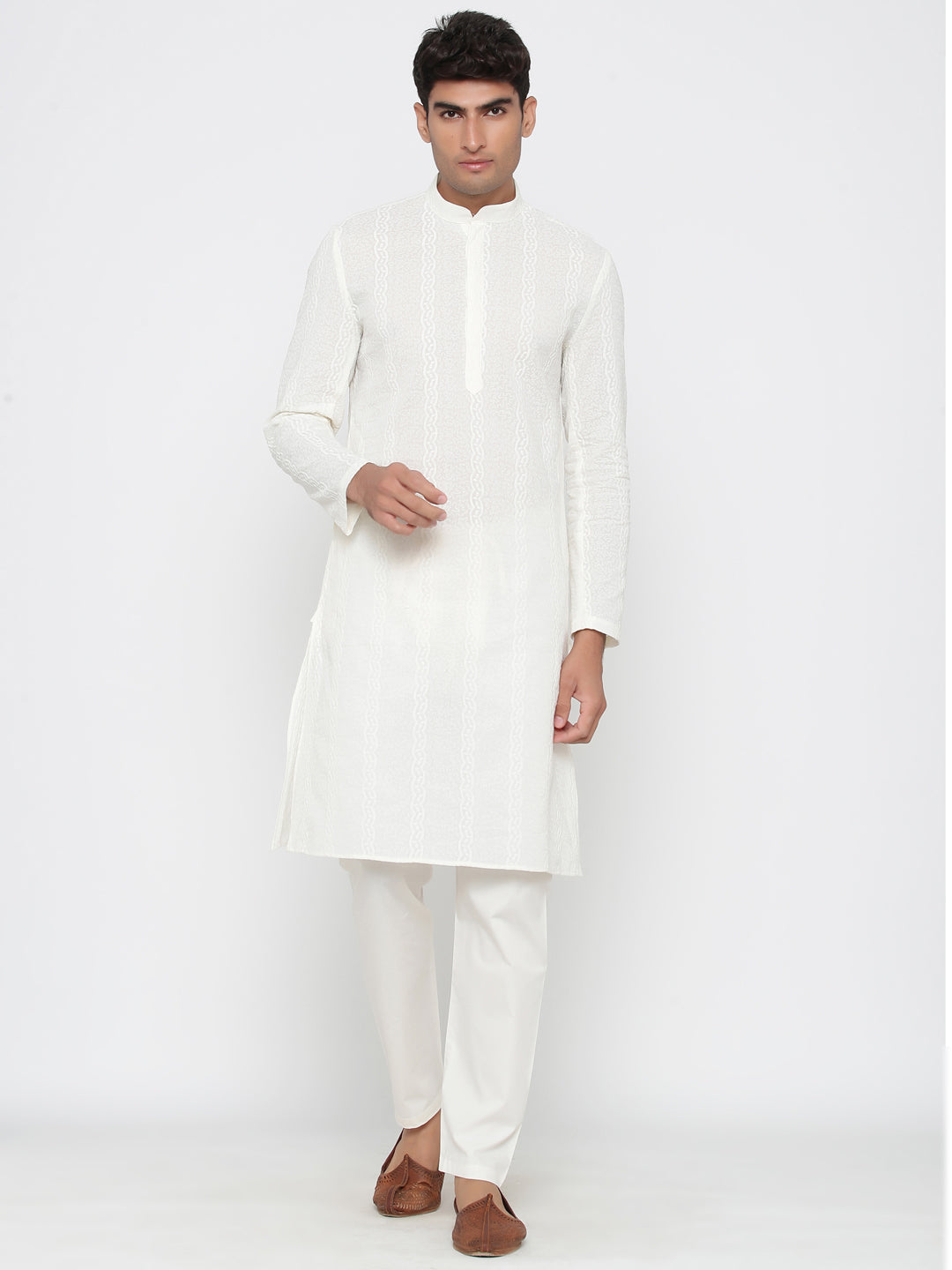 Men's White Solid Cotton Kurta Pajama Set