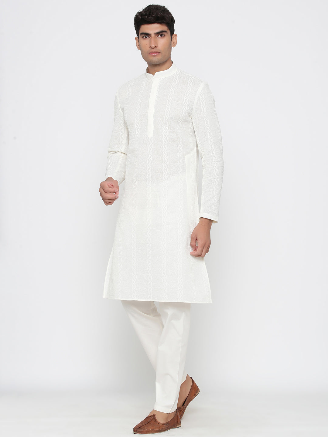 Men's White Solid Cotton Kurta Pajama Set