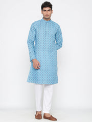 Men's Sky Blue Printed Cotton Kurta Pajama Set