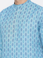 Men's Sky Blue Printed Cotton Kurta Pajama Set