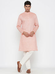 Men's Peach Printed Cotton Kurta Pajama Set