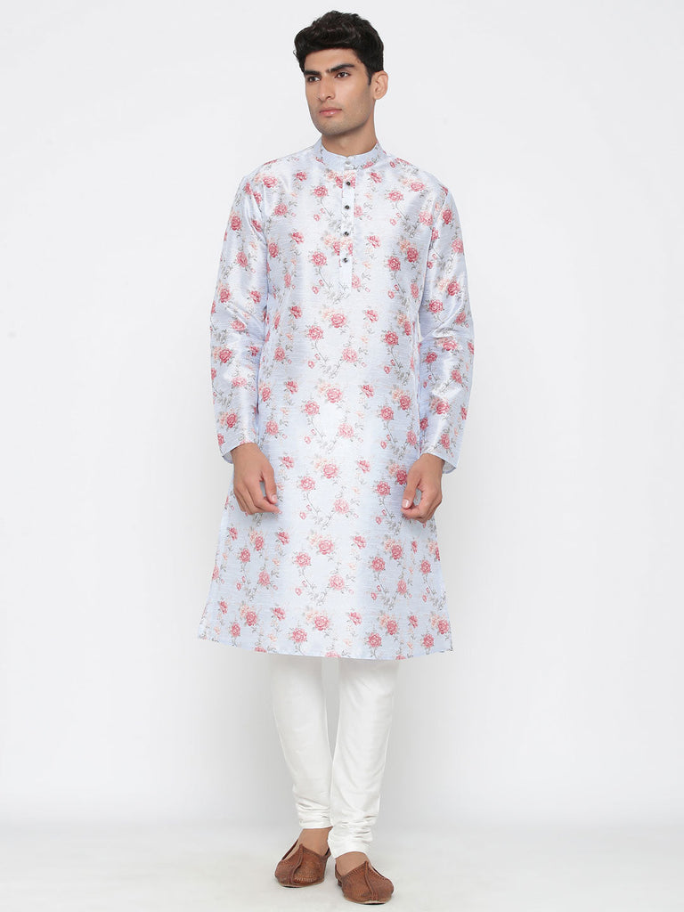 Men's Light Blue Color Indian Traditional Wear Tunic Cotton Kurta Pajama Set