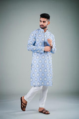 Ensemble pyjama Kurta en coton imprimé bleu ciel pour homme