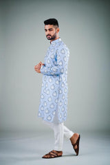 Ensemble pyjama Kurta en coton imprimé bleu ciel pour homme