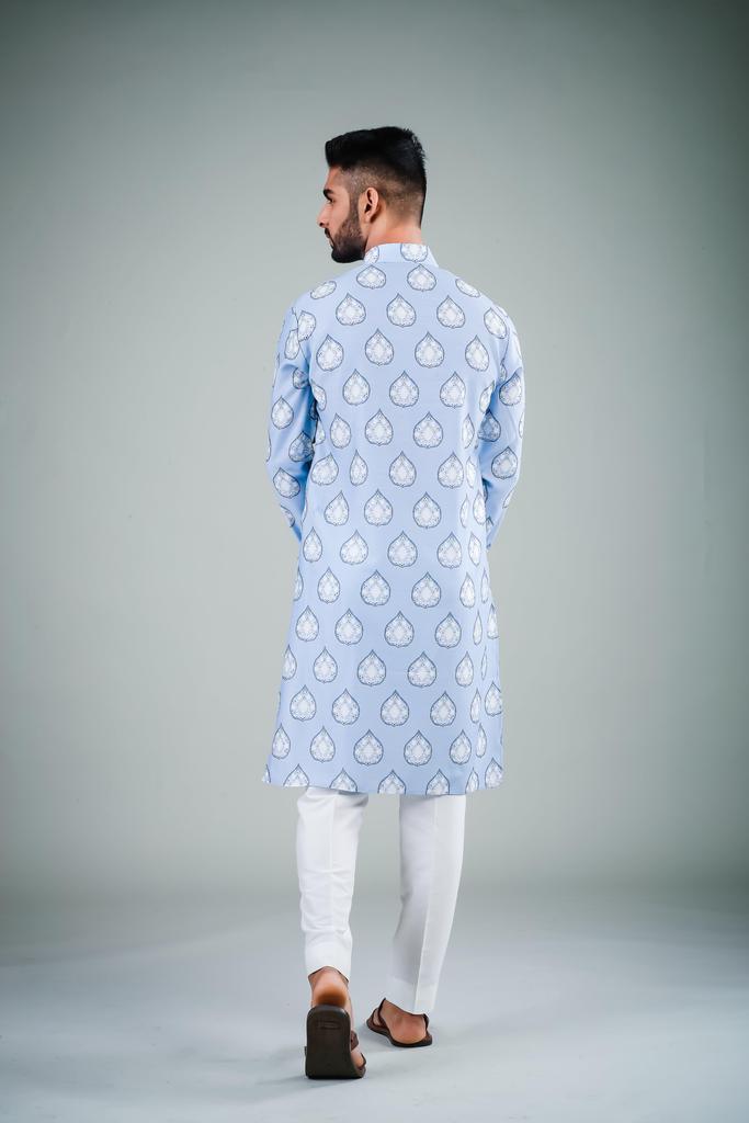 Ensemble pyjama Kurta en coton imprimé bleu ciel pour homme